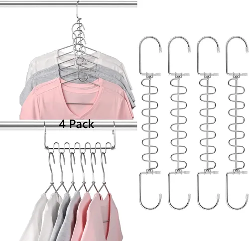 Vista 8 de KLEVERISE - Paquete de 4 perchas de metal que ahorran espacio, perchas de acero inoxidable que ahorran espacio para ropa, en cascada mágica, ahorro