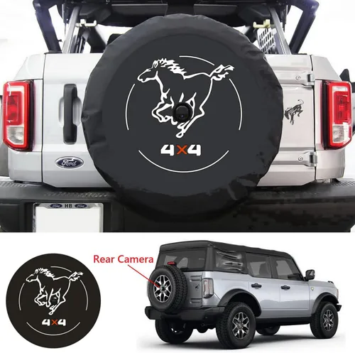 Vista 4 de Funda para neumático de repuesto para Ford Bronco con orificio para cámara, cubierta de rueda de repuesto con orificio trasero para cámara