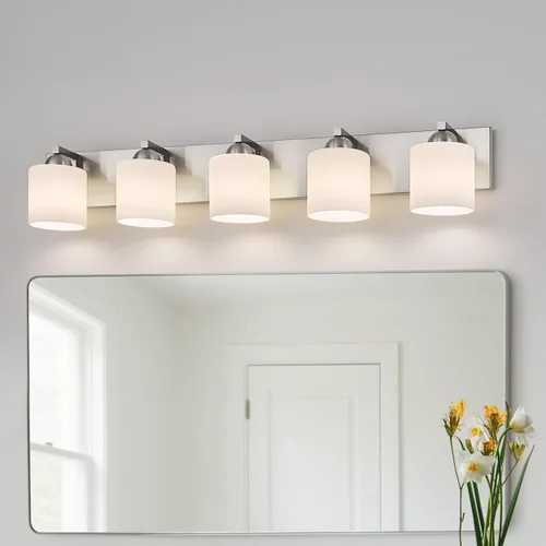 Vista 16 de mirrea Lámpara de tocador negra de 1 luz para espejo, aplique de pared de baño con pantallas de vidrio blanco esmerilado