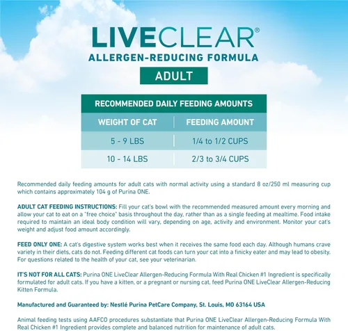 Vista 5 de Purina ONE LiveClear - Comida seca para gatos con reducción de alérgenos con pollo real como ingrediente principal - Bolsa de 3 libras
