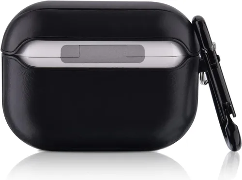 Vista 2 de Funda compatible con Apple AirPods Pro, piel auténtica y cubierta de PC, funda protectora completa con llavero, color negro