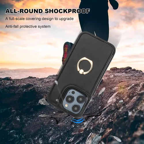 Vista 7 de ONETOP - Funda tipo cartera para iPhone 15 Pro con soporte para tarjetas, anillo de rotación de 360°, bloqueo RFID, piel sintética, doble cierre