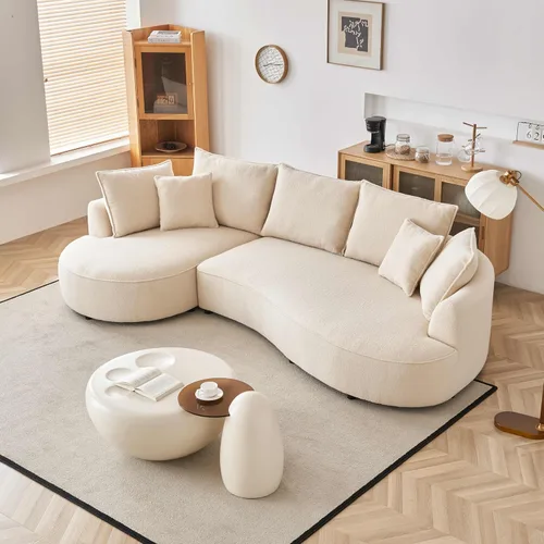 Vista 3 de Sofá curvo para sala de estar, sofá modular moderno, cómodo sofá de nube Boucle para apartamento oficina con almohadas (diván beige izquierdo)