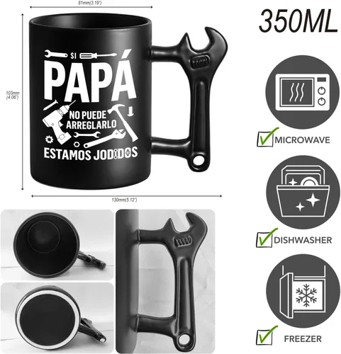 Vista 2 de LOZACHE Taza genial para papá - Si papá no puede arreglarlo... - Regalo original del día del padre - 350 ml - Taza negra con asa en forma de llave
