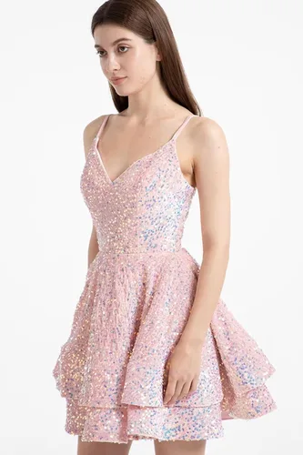 Vista 9 de Vestidos de fiesta de lentejuelas para adolescentes, vestido corto de graduación 2024 con cuello en V brillante, vestido formal de fiesta de cóctel