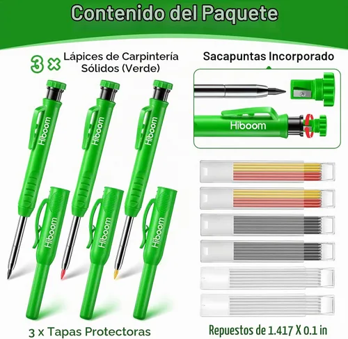 Vista 2 de Hiboom Paquete de 3 lápices de carpintero con 36 recambios de sacapuntas