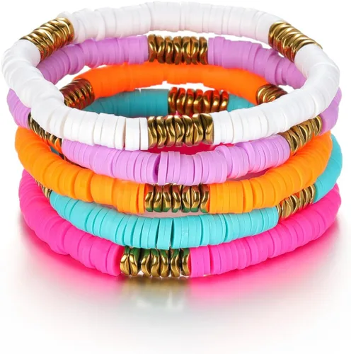 Vista 13 de Caiyao Juego de pulseras apilables de arcilla con corazón multicapa de Bohemia, pulseras elásticas con cuentas doradas de arcilla Heishi para Verde