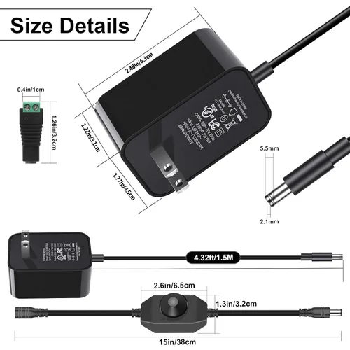 Vista 2 de Adaptador de corriente de 12 V 3 A con interruptor de atenuación, fuente de alimentación de 12 voltios y 3 amperios, certificación UL AC 100-240V