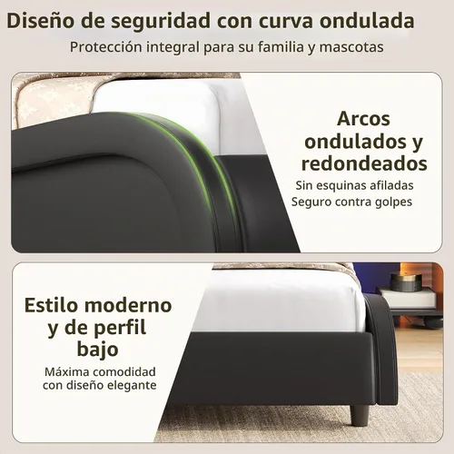 Vista 7 de Keyluv Armazón de cama moderno tapizado con plataforma con cabecera LED ajustable y diseño de curva ondulada y soporte de listones de madera sólida