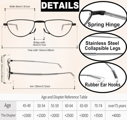 Vista 5 de Folding Reading Glasses Anti Blue Light UV, Soft Nose Pad Spring Hinge Readers with Pocket Keychain Case for Men Women