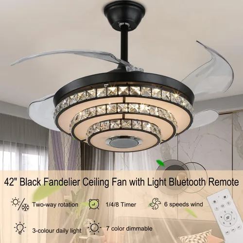 Vista 2 de Ventilador de techo de 42 pulgadas con luz, ventiladores de araña negros Retractable Ceiling Fans with Lights, Crystal Chandelier with Music, 7