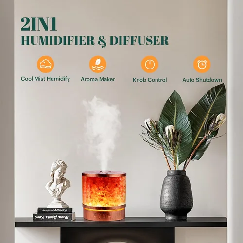 Vista 3 de Difusor de aceite esencial con lámpara de sal del Himalaya de 13.5 fl oz, niebla fría ultrasónica con 7 LED que cambian de color, perfecto
