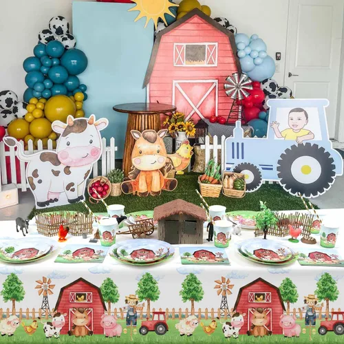 Vista 7 de Mantel rectangular de plástico de 3 piezas de 54 x 108 pulgadas, suministros de fiesta de cumpleaños de granero, decoración para baby shower, niños