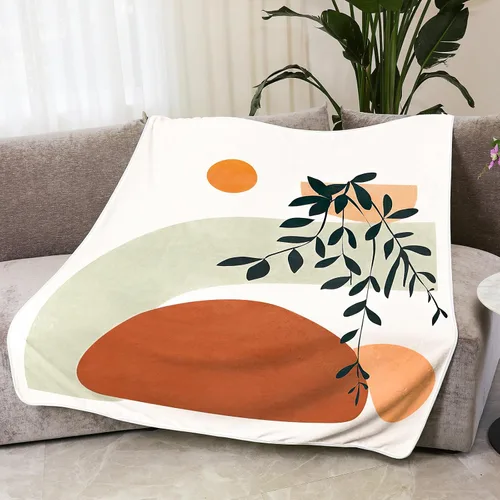 Vista 5 de Manta bohemia de franela de doble cara con sol y hojas, adecuada para adultos y niños en el sofá, automóvil, siesta de cama, manta cálida y cómoda
