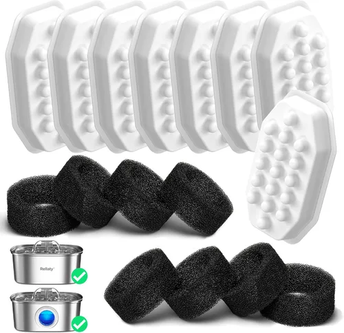 Vista 9 de Rellaty Filtros Oficiales de Repuesto para Fuente de Agua para Gatos y Esponjas de Pre-Filtro para Fuente Automática de Mascotas de 3.2L/108 oz