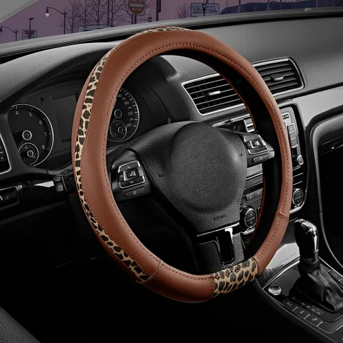 Vista 11 de Road Comforts Funda para volante, cubierta de volante de parte inferior plana hecha con piel de PVC y tela de leopardo, ajuste universal