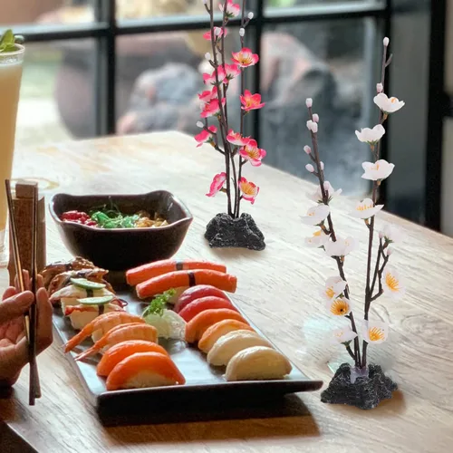 Vista 6 de Hemoton Flores artificiales de cerezo en flor, 4 piezas, decoraciones de plato de sashimi para centro de mesa de restaurante japonés, adornos