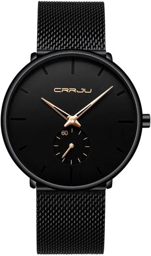Vista 10 de CRRJU Reloj de cuarzo analógico delgado para hombre, reloj de pulsera con esfera negra con correa de malla