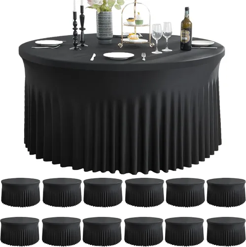 Vista 51 de Paquete de 6 manteles redondos de elastano azul bebé para mesa de 60 pulgadas, manteles elásticos de 120 pulgadas ajustables de 5 pies, manteles