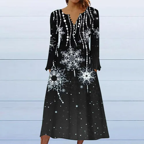 Vista 2 de QIGUANDZ Christmas Fashion Snowflake A-Line Dress for Women Henley Pleated Front Button V Neck Xmas Midi Dress with Pockets