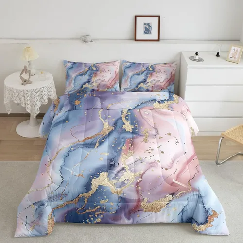Vista 13 de Feelyou Juego de edredón abstracto para todas las estaciones, juego de ropa de cama negro y azul con 1 funda de almohada con estampado de mármol