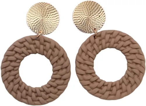 Vista 9 de Aretes colgantes redondos geométricos bohemios acrílicos trenzados para mujer Beige
