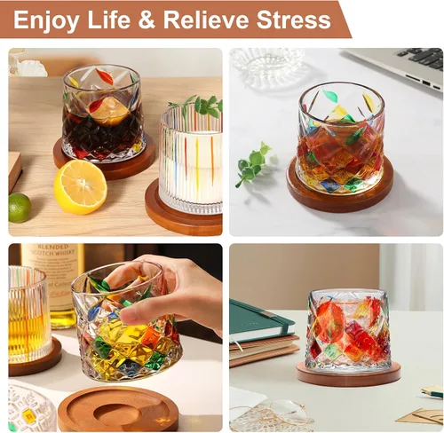 Vista 5 de Vaso de vidrio antiguo giratorio, 275ml/10oz Juego de vasos de whisky de cristal de 2 piezas, posavasos de madera, engrosamiento, utilizado como