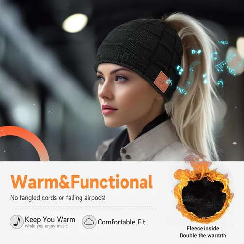 Vista 11 de Bluetooth Beanie for Women with Ponytail Hole, Beanie with Headphones Built in Microphone, Womens Gifts
