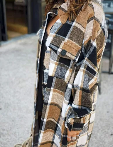 Vista 7 de Omoone - Chaqueta de manga larga con botones para mujer diseño a cuadros de ajuste holgado