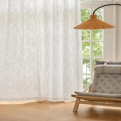Vista 3 de Cortinas semitraslúcidas de encaje blanco de 54 pulgadas de largo, juego de 2 paneles de cortinas plisadas florales para ventana, dormitorio, sala