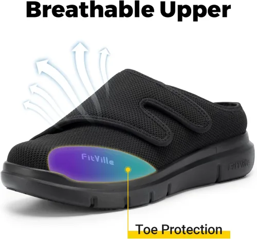 Vista 6 de FitVille Zapatos para diabéticos para hombre, sin cordones, para pies hinchados, extra anchos, ajustables, zapatos para caminar para fascitis