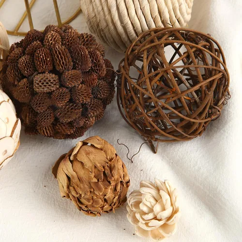Vista 4 de Bolas decorativas para llenar cuencos y jarrones para decoración del hogar, juego de 6 piezas de bolas de ratán natural en tonos rústicos, centros