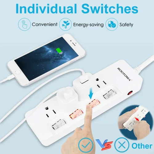 Vista 2 de ROOTOMA Regleta protectora de sobretensiones con interruptores individuales, certificado ETL, cable de extensión largo de 6 pies 14 AWG 1875 W/15 A