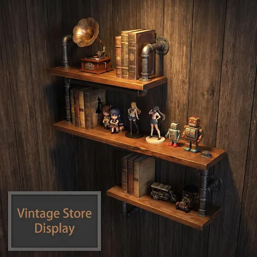 Vista 9 de Estantería de tubo industrial Pipe, madera moderna rústica, 3 estantes de pared de tubos escalonados, tubo de hierro forjado, estantería de diseño