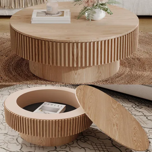 Vista 36 de Mesa de centro redonda de madera de 31.49 pulgadas con almacenamiento, mesa de centro circular acanalada de 2 niveles con tapa y estante para sala