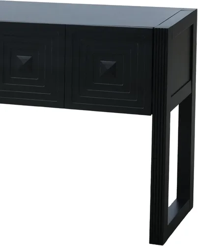 Vista 9 de LUMISOL Mesa consola geométrica tallada con 3 cajones, mesa de sofá de granja detrás del sofá con almacenamiento y detalles de patas acanaladas