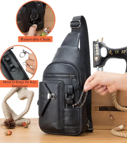 Vista 4 de BULLCAPTAIN Bolso bandolera de cuero genuino para hombre bandolera con soporte para teléfono celular cadena en el pecho mochila de hombro XB-520 M