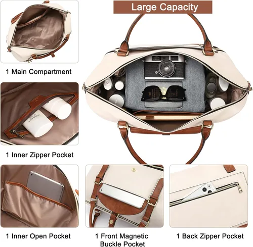 Vista 4 de CLUCI Bolsa de fin de semana para mujer, de cuero, grande, con compartimento para zapatos, Beige con marrón.