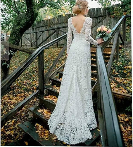 Vista 3 de MASHENGYUE Vestidos de novia de sirena de encaje vintage para mujer, vestidos de novia de manga larga, vestidos de novia