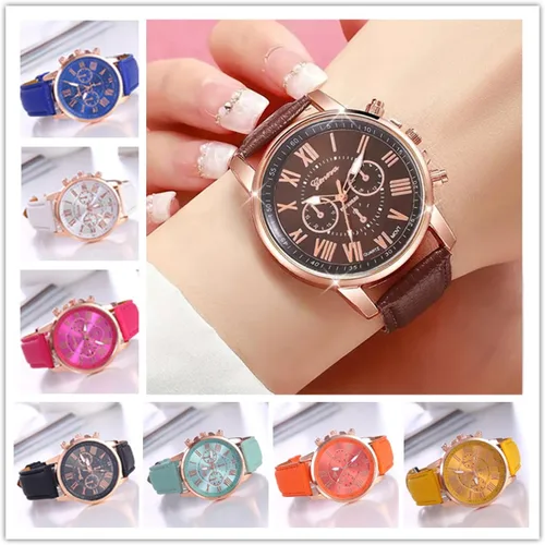 Vista 2 de Mujeres Hombres Señora Adolescente Chica PU Cuero Banda Relojes Dial Analógico Cuarzo Relojes Marrón