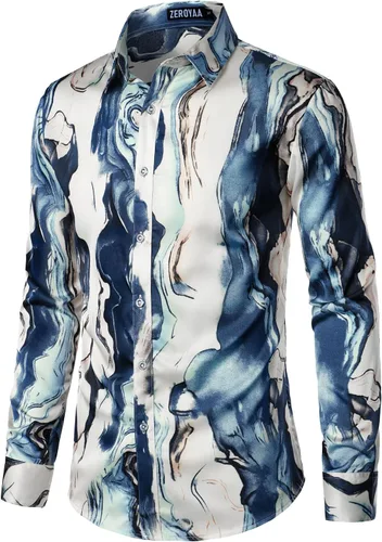 Vista 3 de ZEROYAA Camisas de vestir de satén de manga larga con botones para hombre