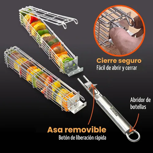 Vista 2 de Cesta grande para asar con mango extraíble. Construcción de acero inoxidable con una mayor capacidad (12 x 2 x 2) y tapa segura de fácil cierre.