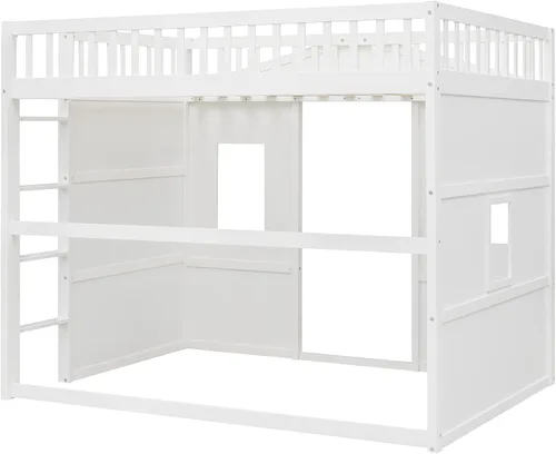 Vista 8 de Cama tipo loft de techo de casa de tamaño matrimonial con escalera, marco de cama de madera que ahorra espacio con barandilla y ventana