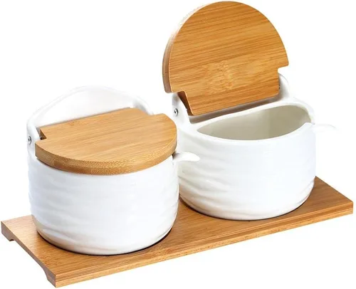 Vista 6 de Recipiente de cerámica con tapa y cuchara de bambú, tarro de porcelana de 9.1 onzas líquidas para pimienta con etiqueta de pizarra, para C-001