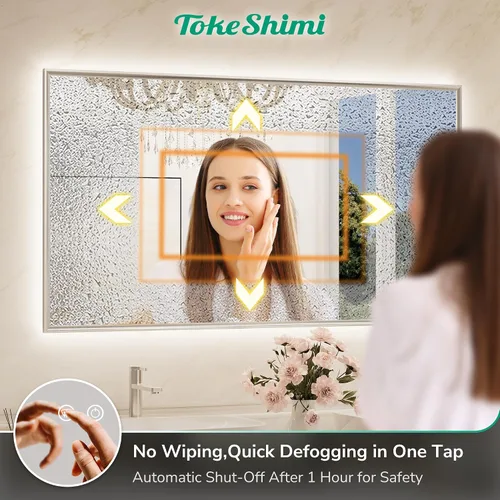 Vista 4 de TokeShimi Espejo de baño de 24 x 30 pulgadas retroiluminado con marco de níquel cepillado, retroiluminación regulable con luz LED con memoria