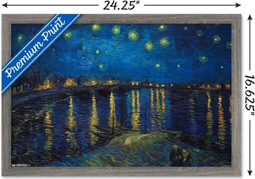 Vista 3 de Trends International Póster de pared de Vincent van Gogh, noche estrellada sobre el Ródano, 14.725 x 22.375 pulgadas, versión enmarcada de madera