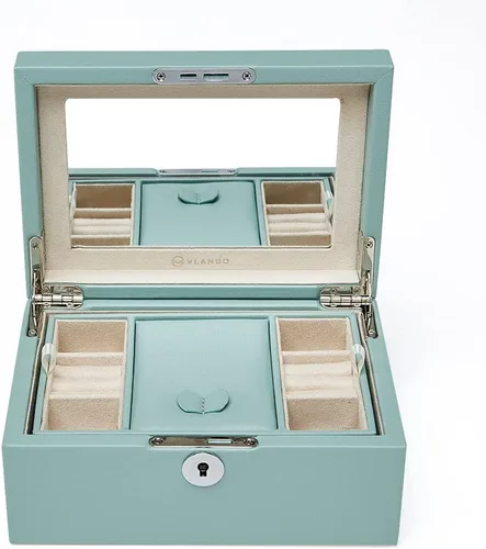 Vista 6 de Vlando Organizador retro con cerradura para joyas, collares, aretes, anillos, estuche de almacenamiento con llave, el mejor regalo para mujeres