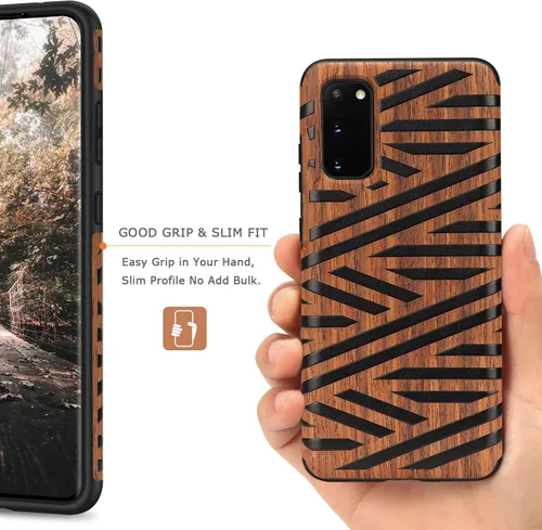 Vista 2 de Tasikar Funda compatible con Samsung Galaxy S20, diseño de grano de madera de fácil agarre (cuero y madera)