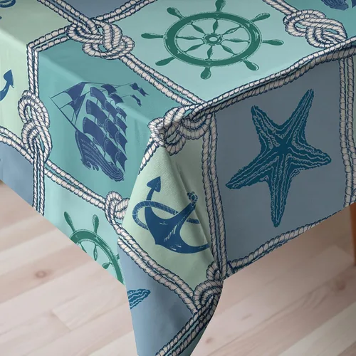 Vista 3 de Ambesonne Mantel de rueda de barcos, patrón de mosaico náutico, ancla y timón, mantel rectangular para decoración de comedor y cocina, 52 x 70