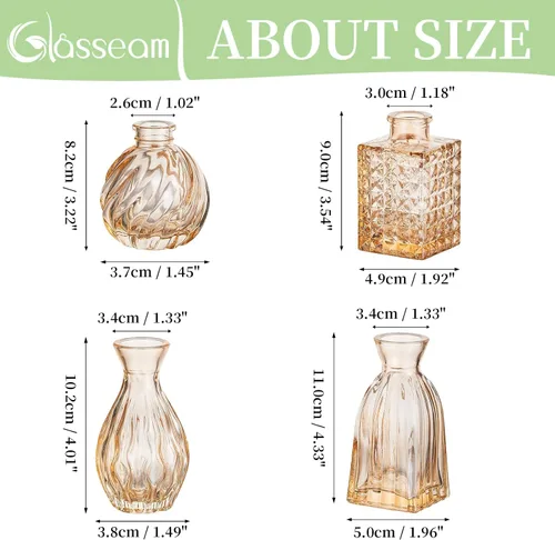 Vista 3 de Glasseam Jarrones de cristal para centros de mesa: pequeño jarrón de flores, juego de 4 mini jarrones vintage para flores, jarrón de centro de mesa